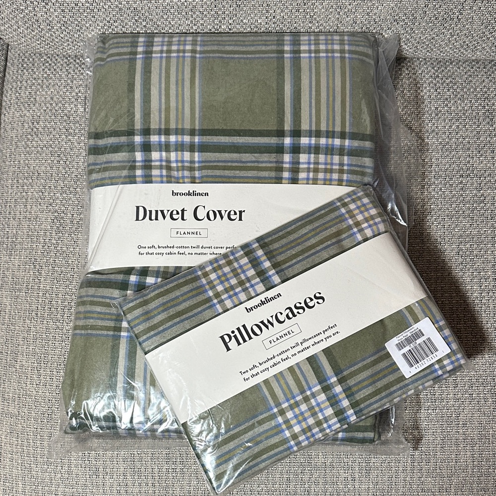 Brooklinen moss Plaid flannel Duvet Cover Set and Pillowcases NWT Full/Queen